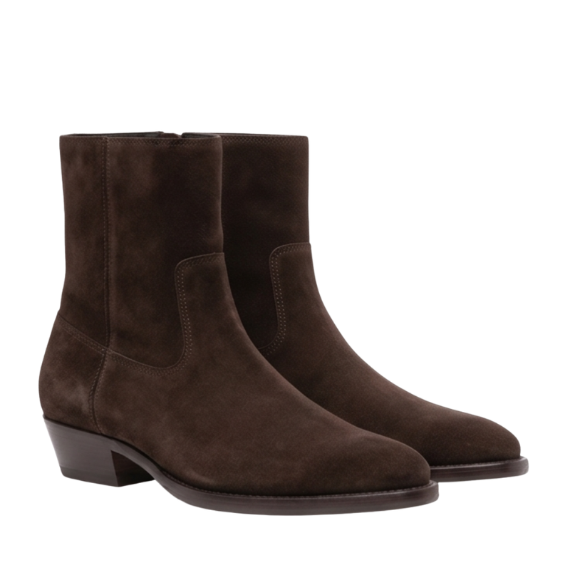 Side Zipper Western Suede Leather Stacked Heel Boot