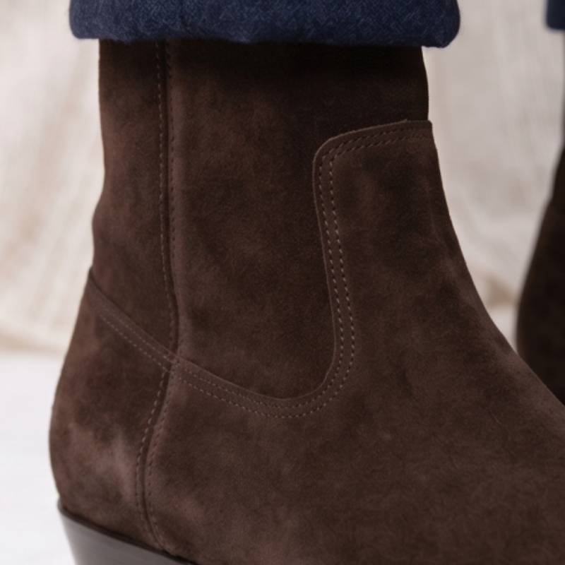 Side Zipper Western Suede Leather Stacked Heel Boot
