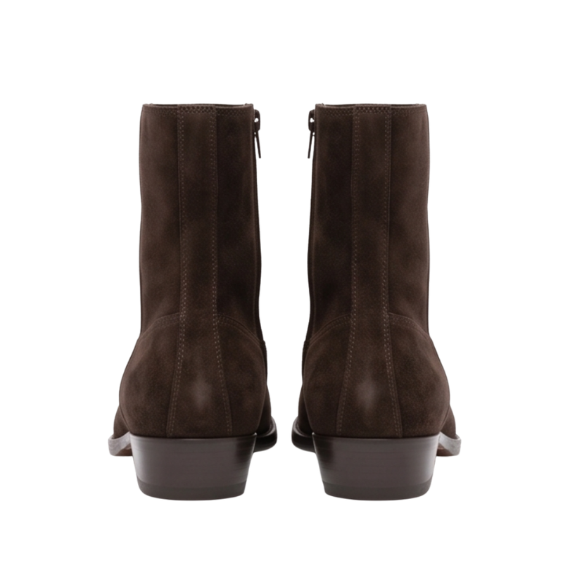 Side Zipper Western Suede Leather Stacked Heel Boot