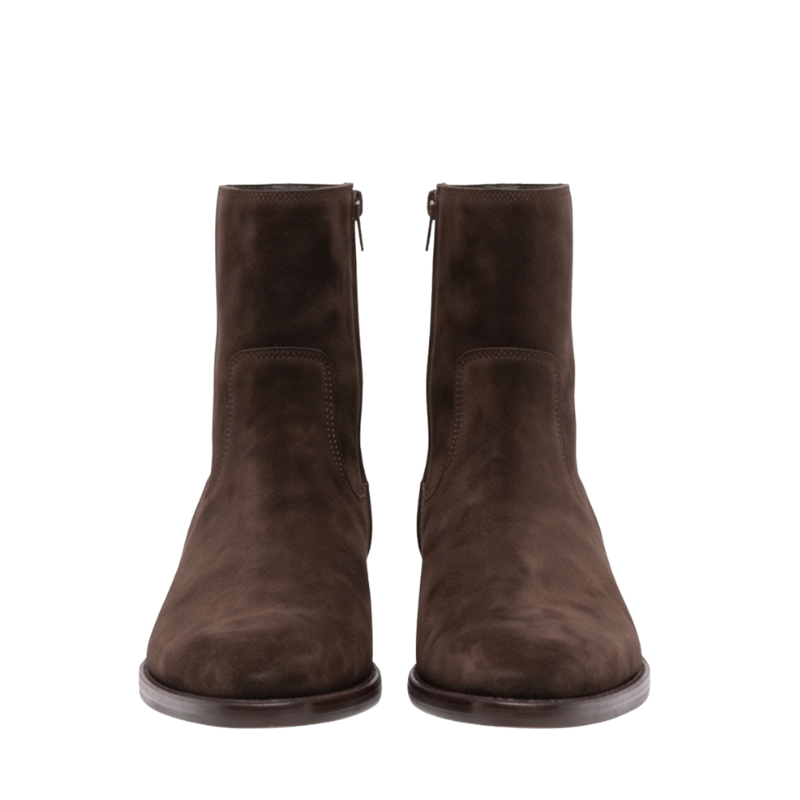 Side Zipper Western Suede Leather Stacked Heel Boot