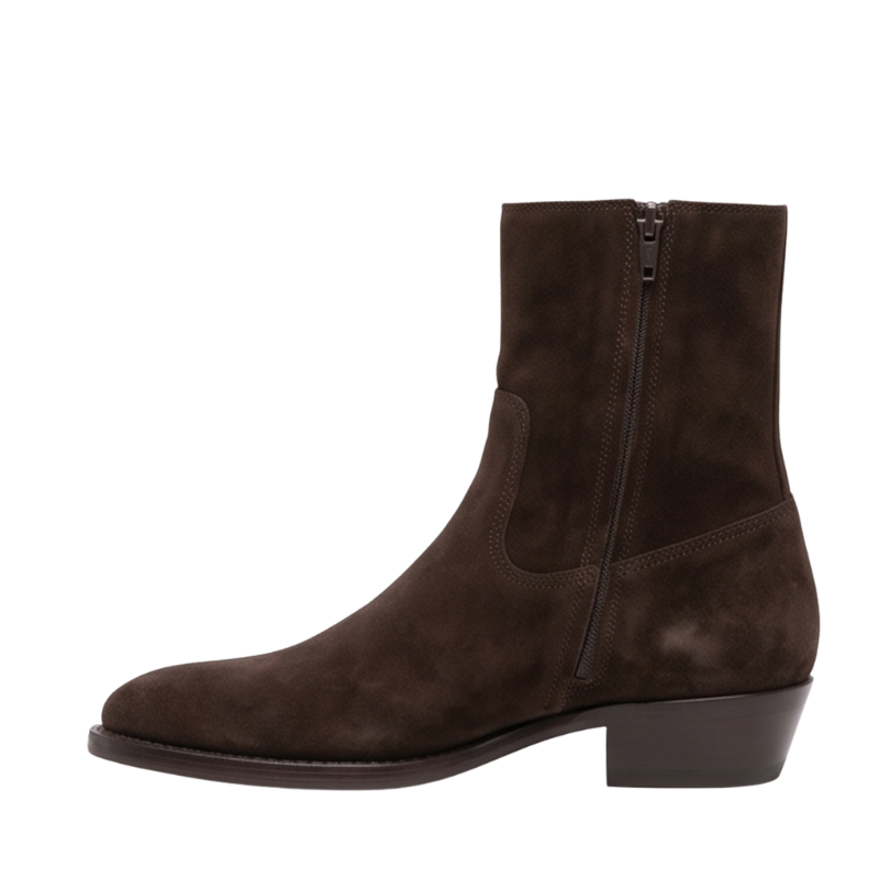 Side Zipper Western Suede Leather Stacked Heel Boot