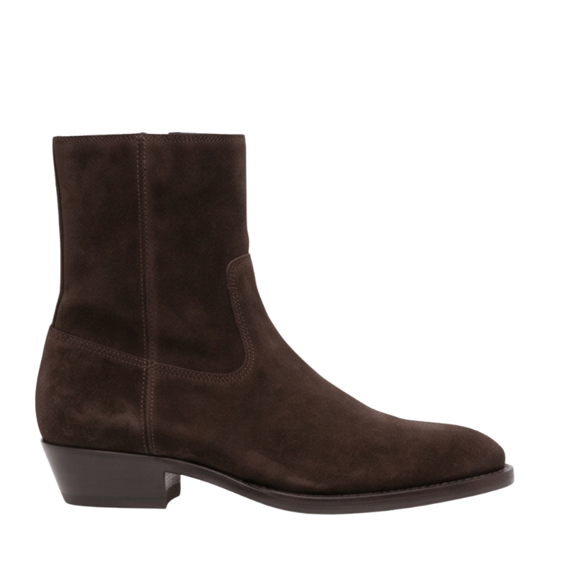 Side Zipper Western Suede Leather Stacked Heel Boot