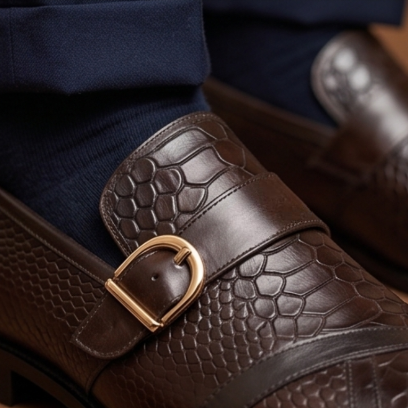 Snake Textured Single Buckle Monk Strap Shoes