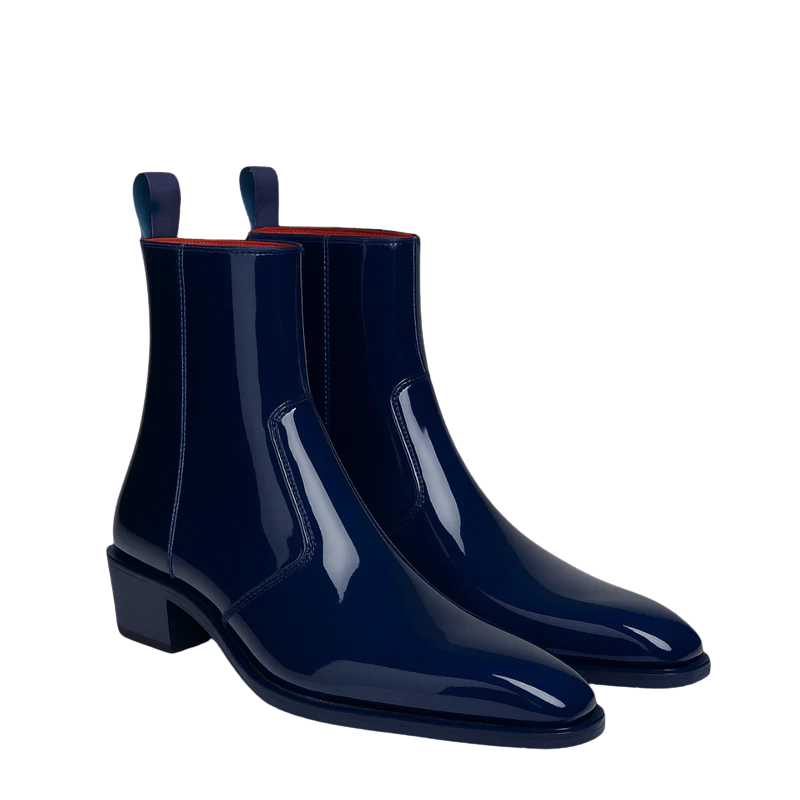 Men's Polished Leather Blue Zipper Boots