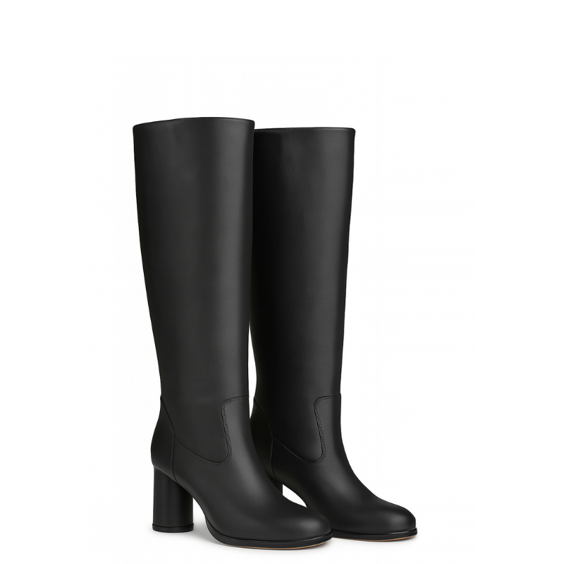 Womens Leather Solid Block Heel Long Boots