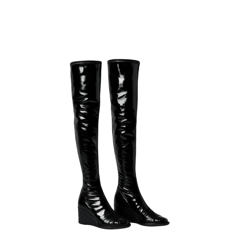 Womens Leather Luxury Over the Knee High Boots with Wedge Heel