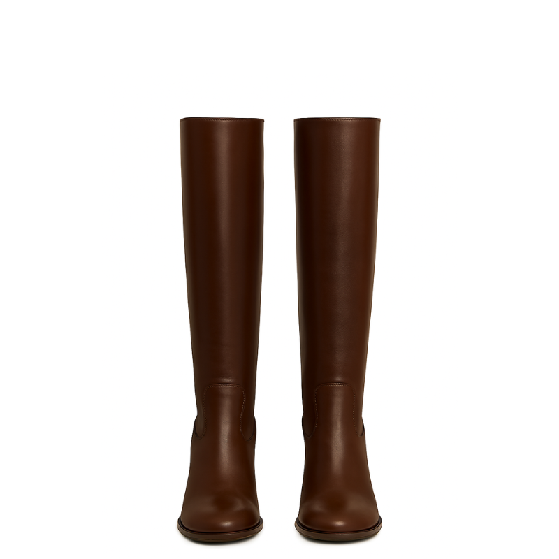 Womens Leather Solid Block Heel Long Boots