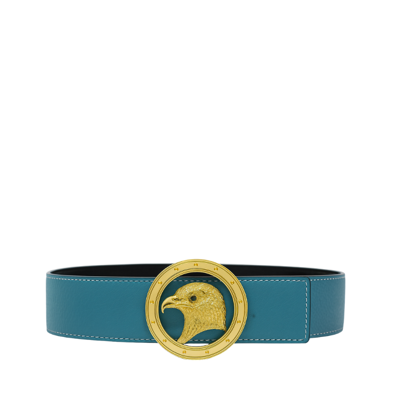 Luxury Black Textured Leather Eagle Medallion Orbit Buckle Belt