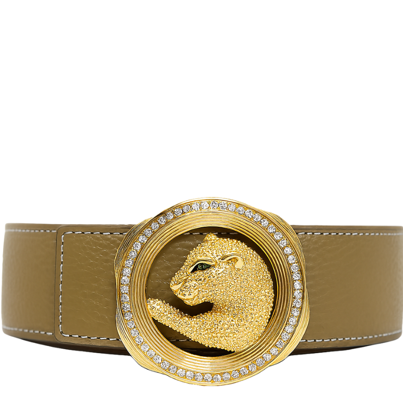 Italian Tan Textured Leather Belt with Golden Regal Panther Buckle Accent