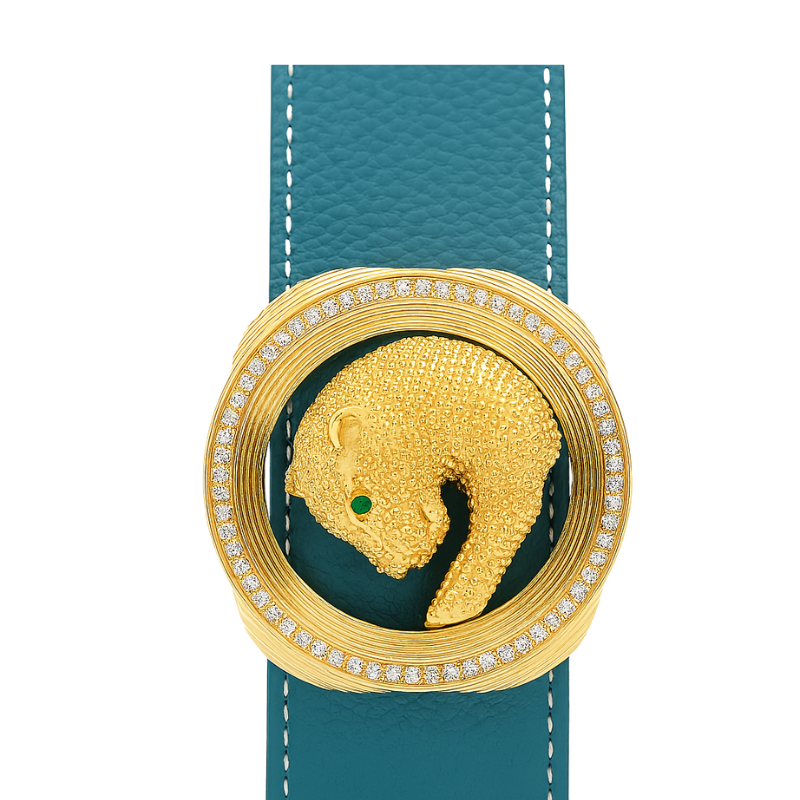 Italian Tan Textured Leather Belt with Golden Regal Panther Buckle Accent