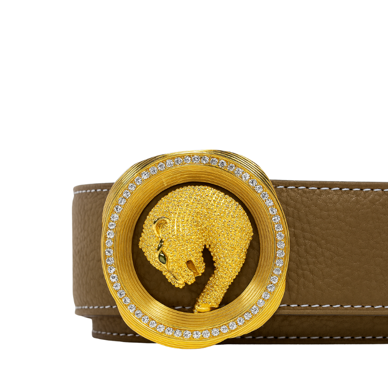 Italian Sky Blue Textured Leather Belt with Golden Regal Panther Buckle Accent