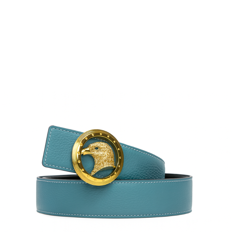 Luxury Black Textured Leather Eagle Medallion Orbit Buckle Belt