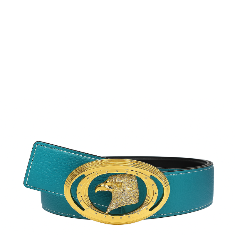 Luxury Sky Blue Textured Leather Eagle Medallion oval-shaped Buckle Belt