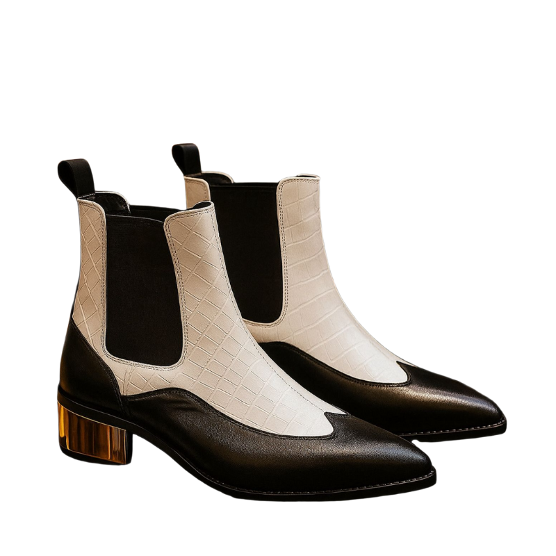 Luxury Dual-Tone Croco Leather Chelsea Boots with Metallic Gold Heel