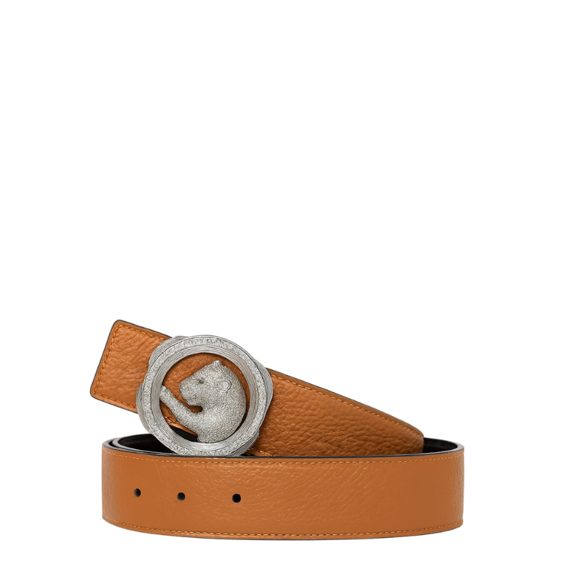Italain Silver Regal Jaguar Buckle Belt with Brown Leather Strap