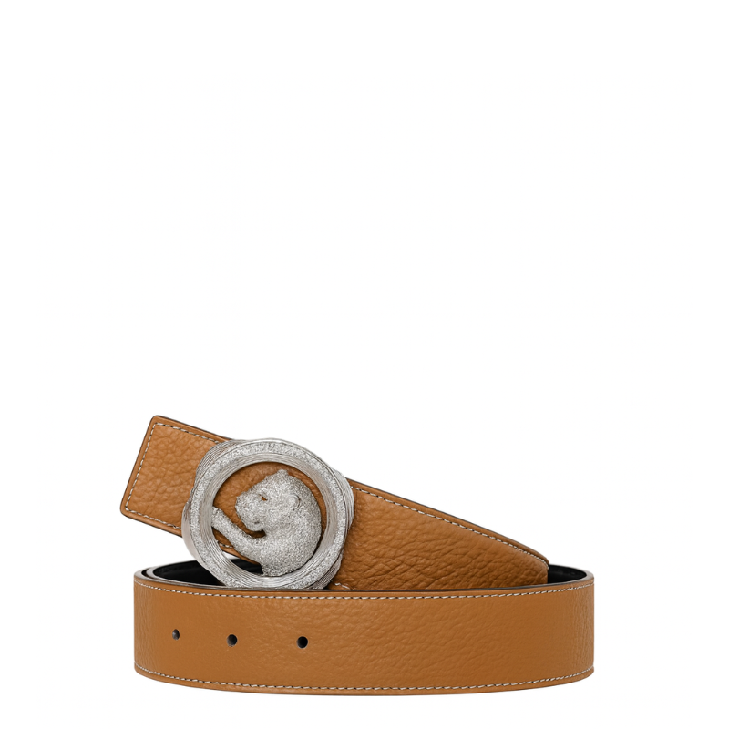 Italain Silver Regal Jaguar Buckle Belt with Brown Leather Strap