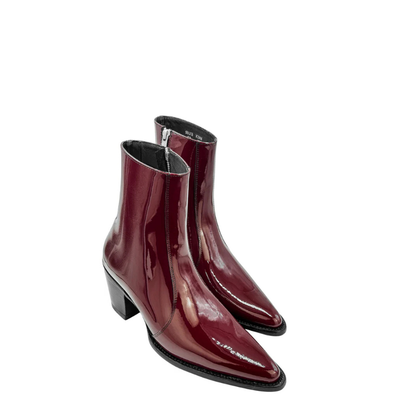 Patent Leather Wine Pointed toe Side Zipper Ankle Boot