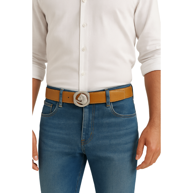 Italain Silver Regal Jaguar Buckle Belt with Black Leather Strap