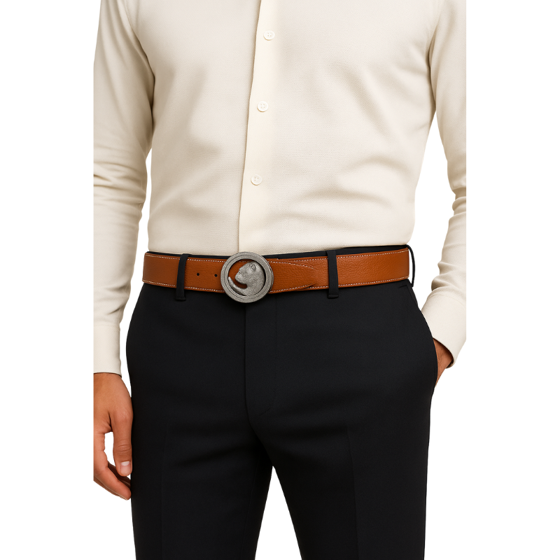 Italain Silver Regal Jaguar Buckle Belt with Turquoise Blue Leather Strap