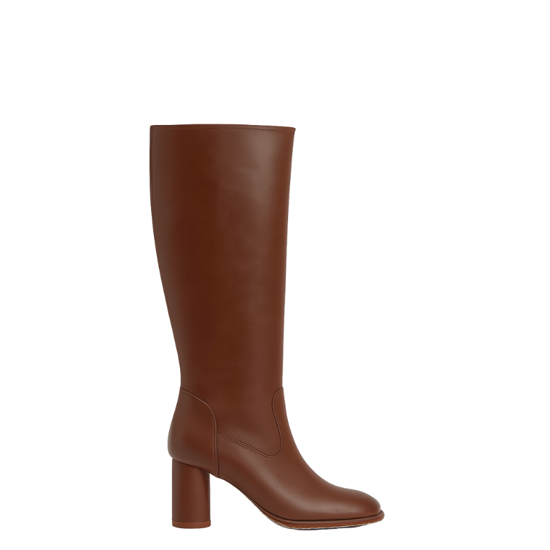 Women's Leather Solid Block Heel Long Boots