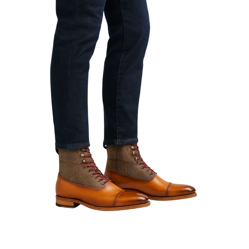 Mens Leather Tan Plaid Ankle Boot