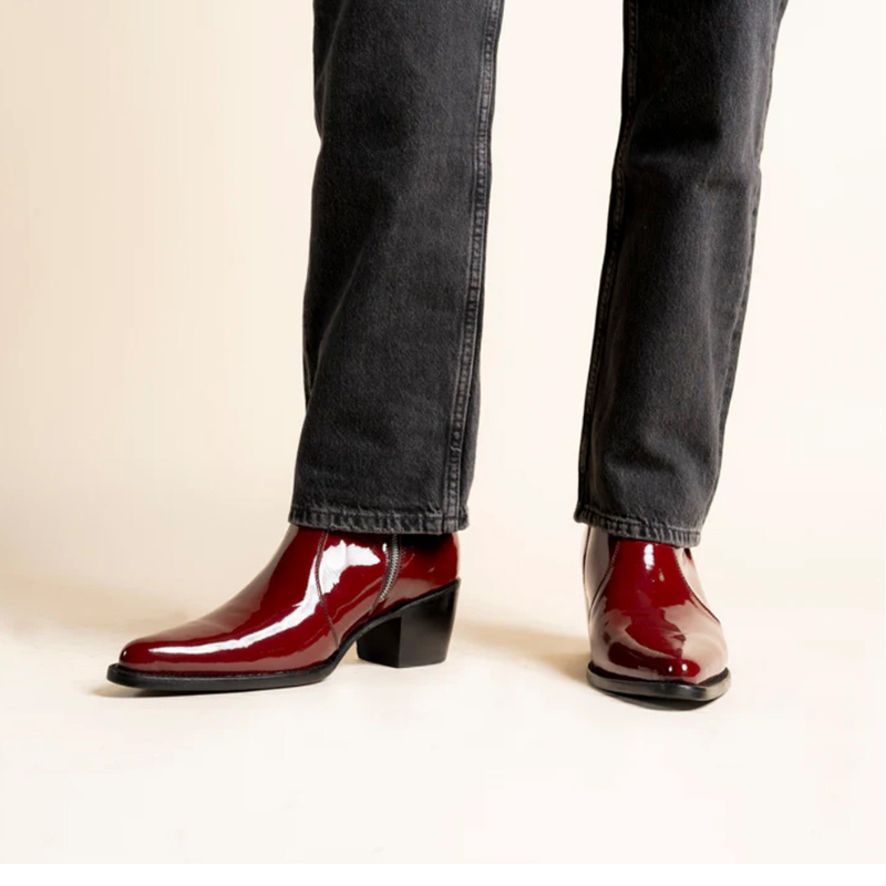 Patent Leather Wine Pointed toe Side Zipper Ankle Boot