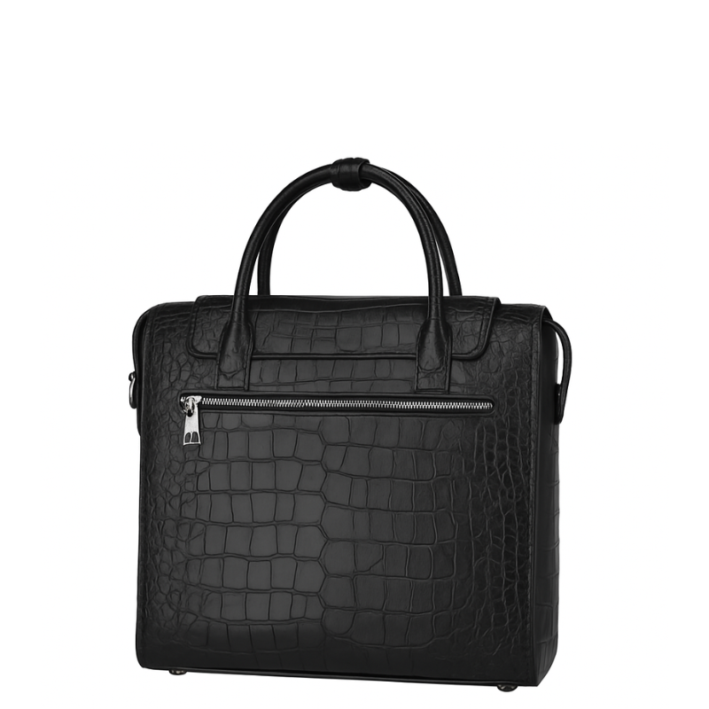 Italian Croco Leather Front Pocket Black Briefcase Bag