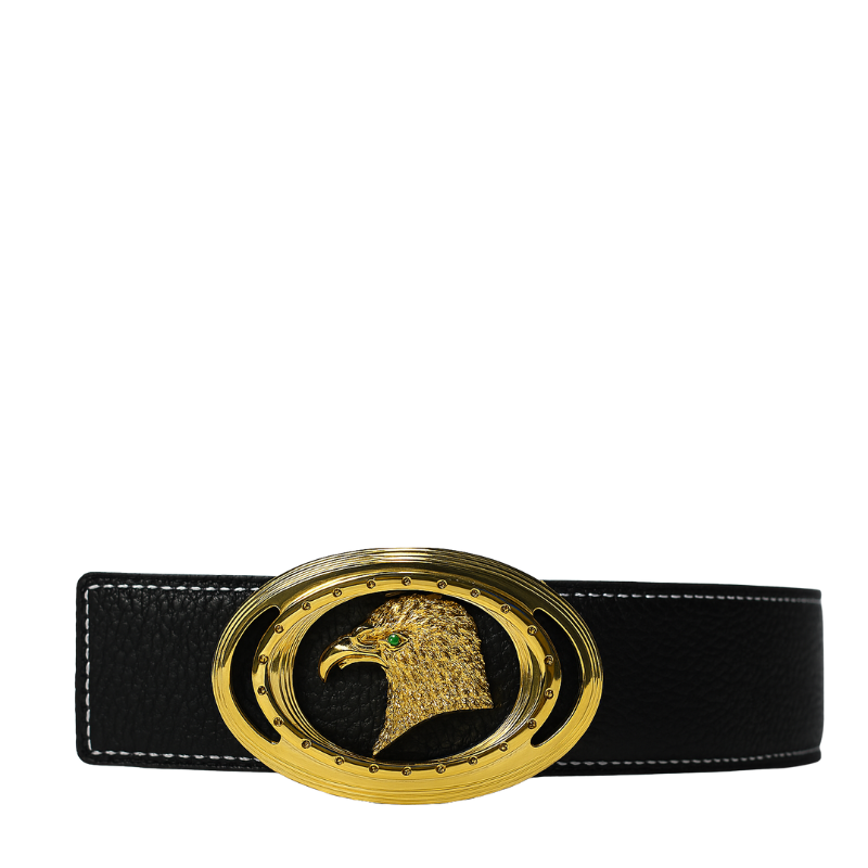 Luxury Sky Blue Textured Leather Eagle Medallion oval-shaped Buckle Belt