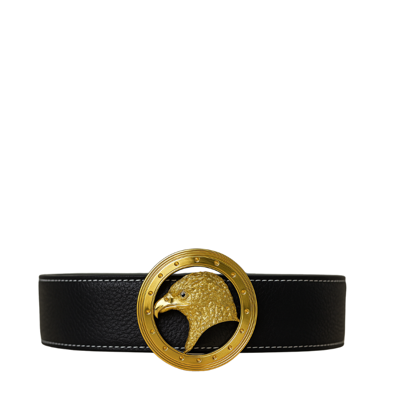 Luxury Brown Textured Leather Eagle Medallion Orbit Buckle Belt