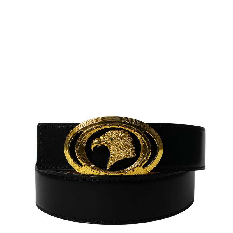 Luxury Black Plain Leather Eagle Medallion oval-shaped Buckle Belt