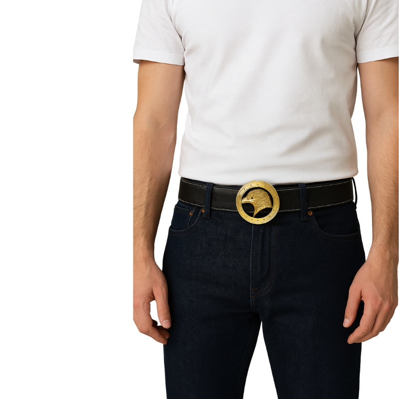Luxury Brown Textured Leather Eagle Medallion Orbit Buckle Belt