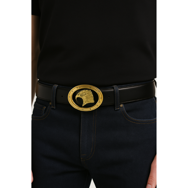 Luxury Black Plain Leather Eagle Medallion oval-shaped Buckle Belt