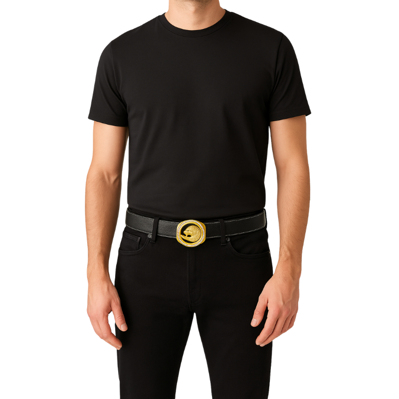 Italian Tan Textured Leather Belt with Golden Regal Panther Buckle Accent