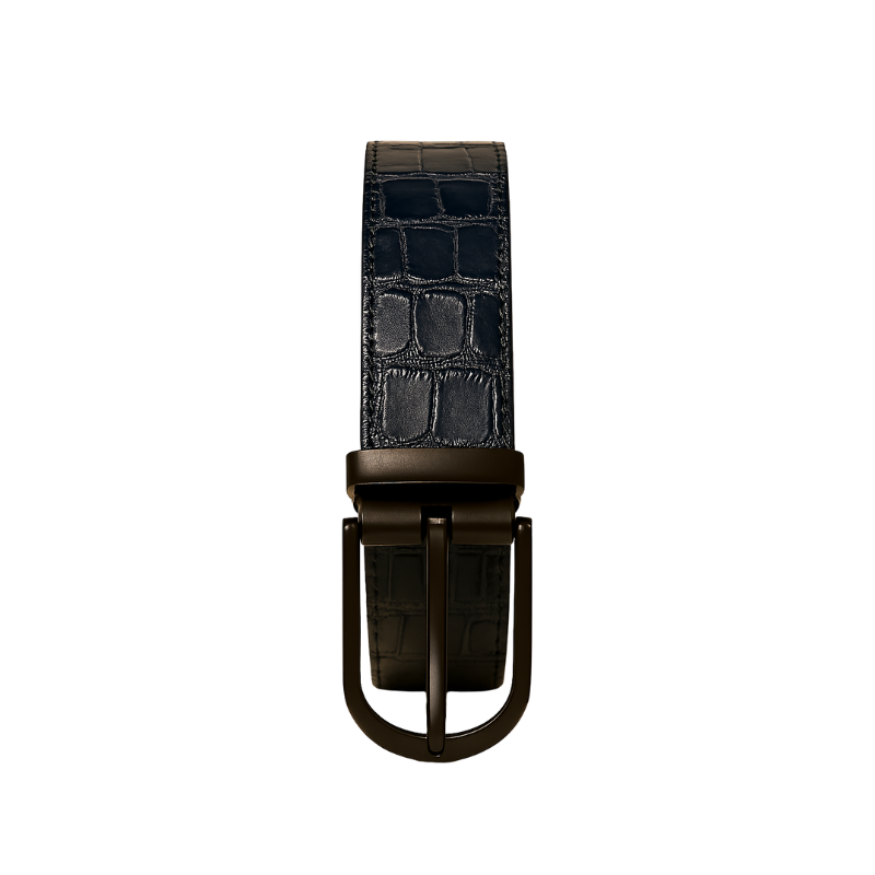 Croco Textured Leather Blue Strap Belt with Grey Reversible Buckle Closure