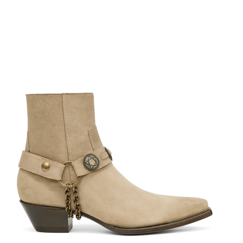 Luxury Textured Leather Beige Side Zipper Boots with Metal Chain