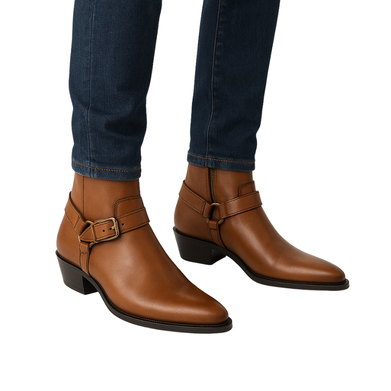 Luxury Leather Boot With Engraved Metal Buckle Strap