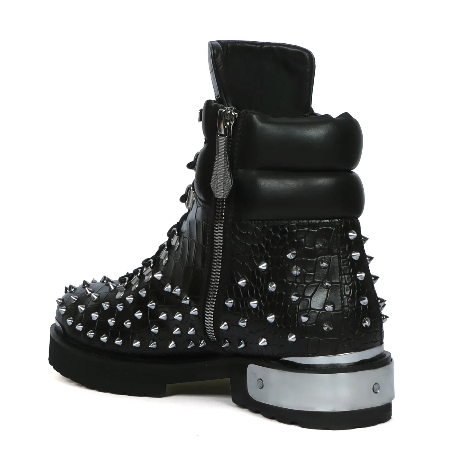 Studded Black Biker Chunky Boots Deep Cut Zip Closure