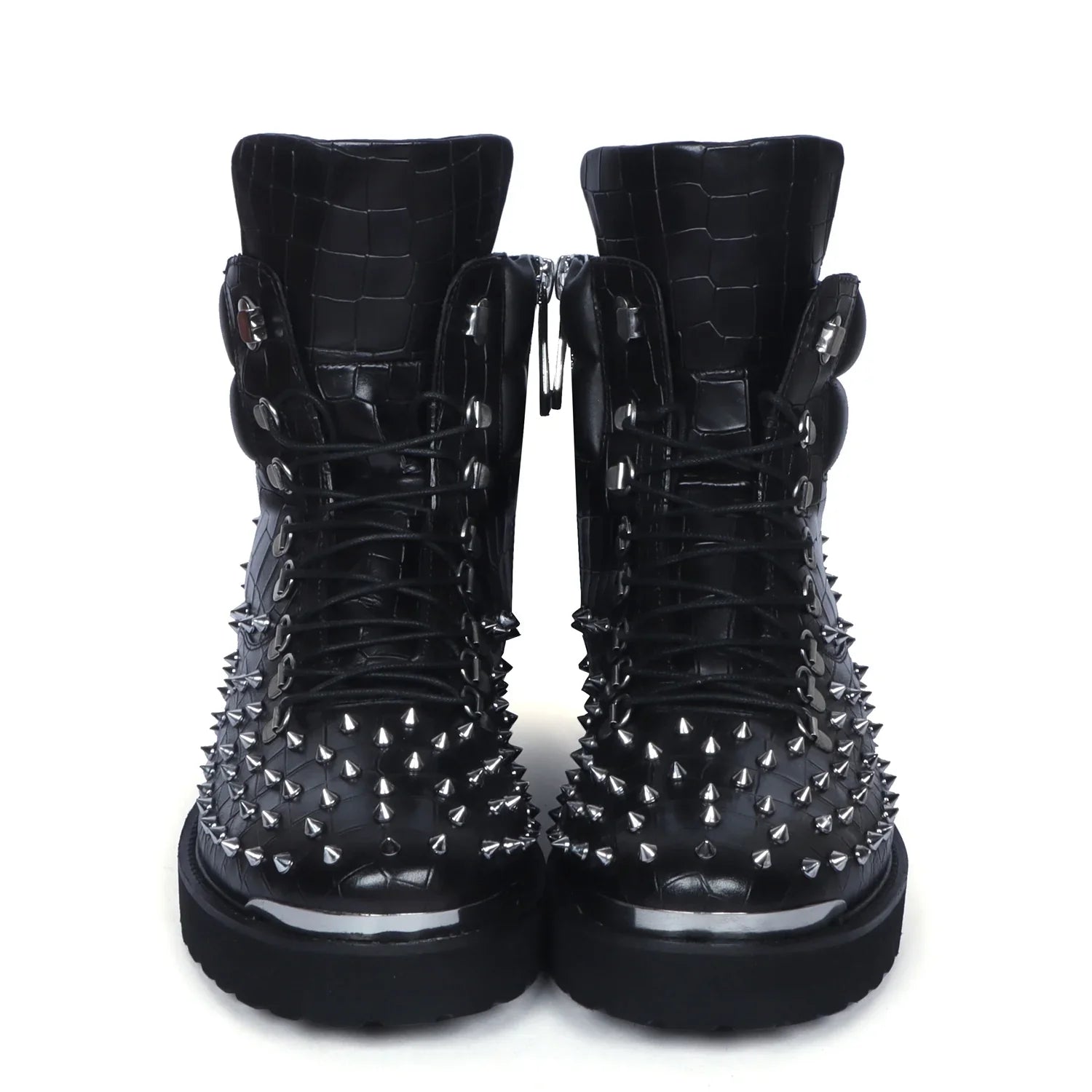 Studded Black Biker Chunky Boots Deep Cut Zip Closure