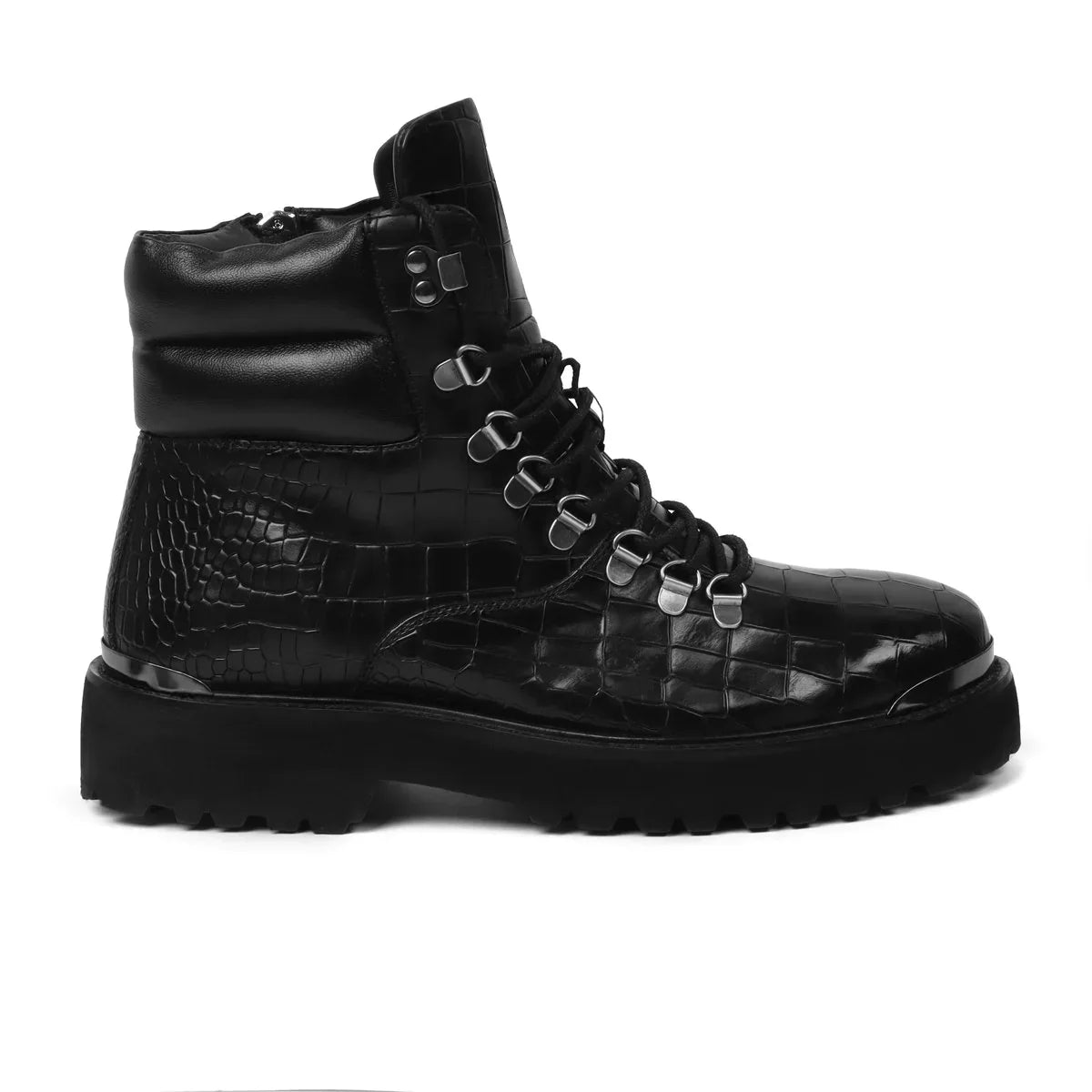Deep Cut Biker Boots in Black Leather