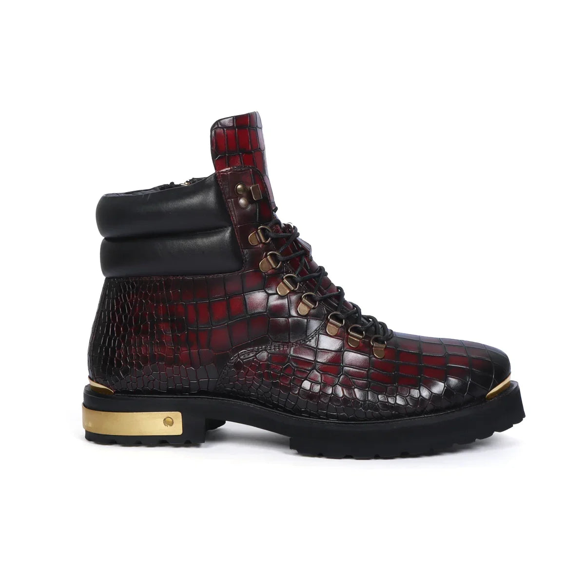 Smokey Wine Biker Chunky Boots Croco Textured Leather