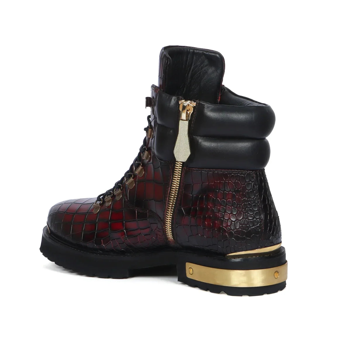 Smokey Wine Biker Chunky Boots Croco Textured Leather