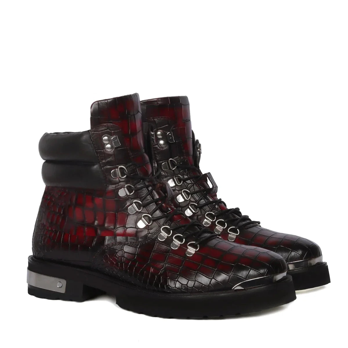 Smokey Wine Biker Chunky Boots Croco Textured Leather