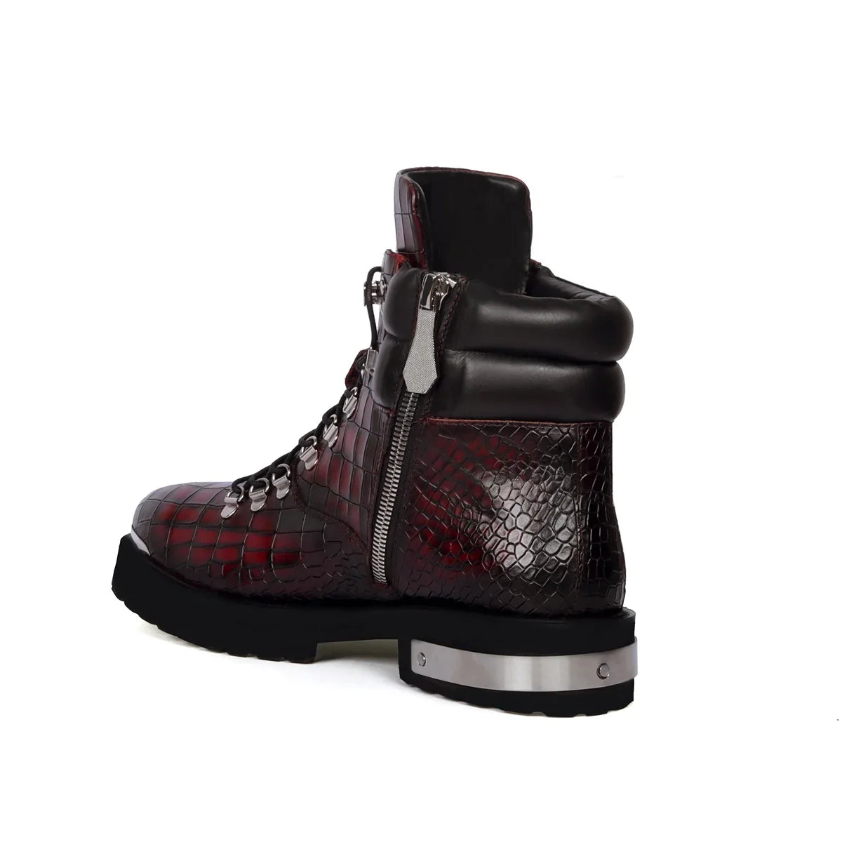 Smokey Wine Biker Chunky Boots Croco Textured Leather