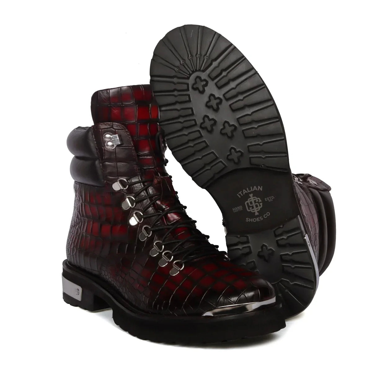 Smokey Wine Biker Chunky Boots Croco Textured Leather