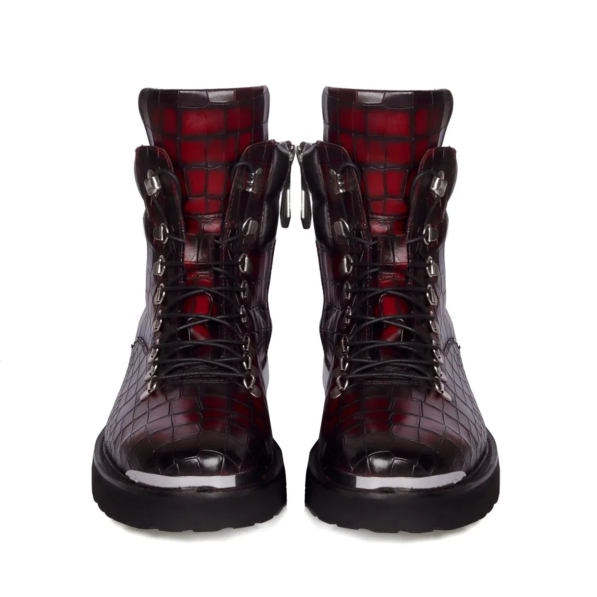 Smokey Wine Biker Chunky Boots Croco Textured Leather