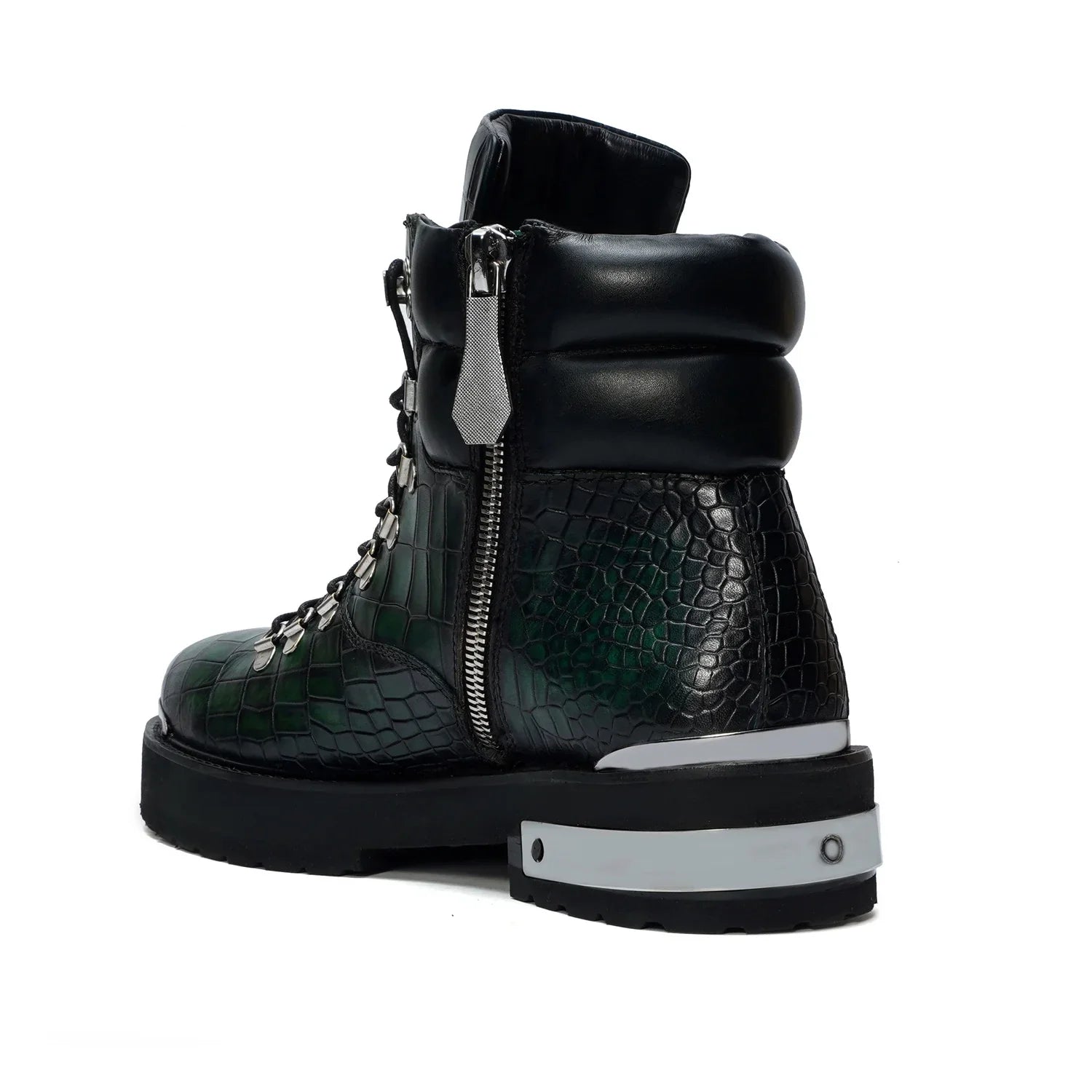 Smokey Finish Biker Chunky Boots in Green Deep Cut Leather