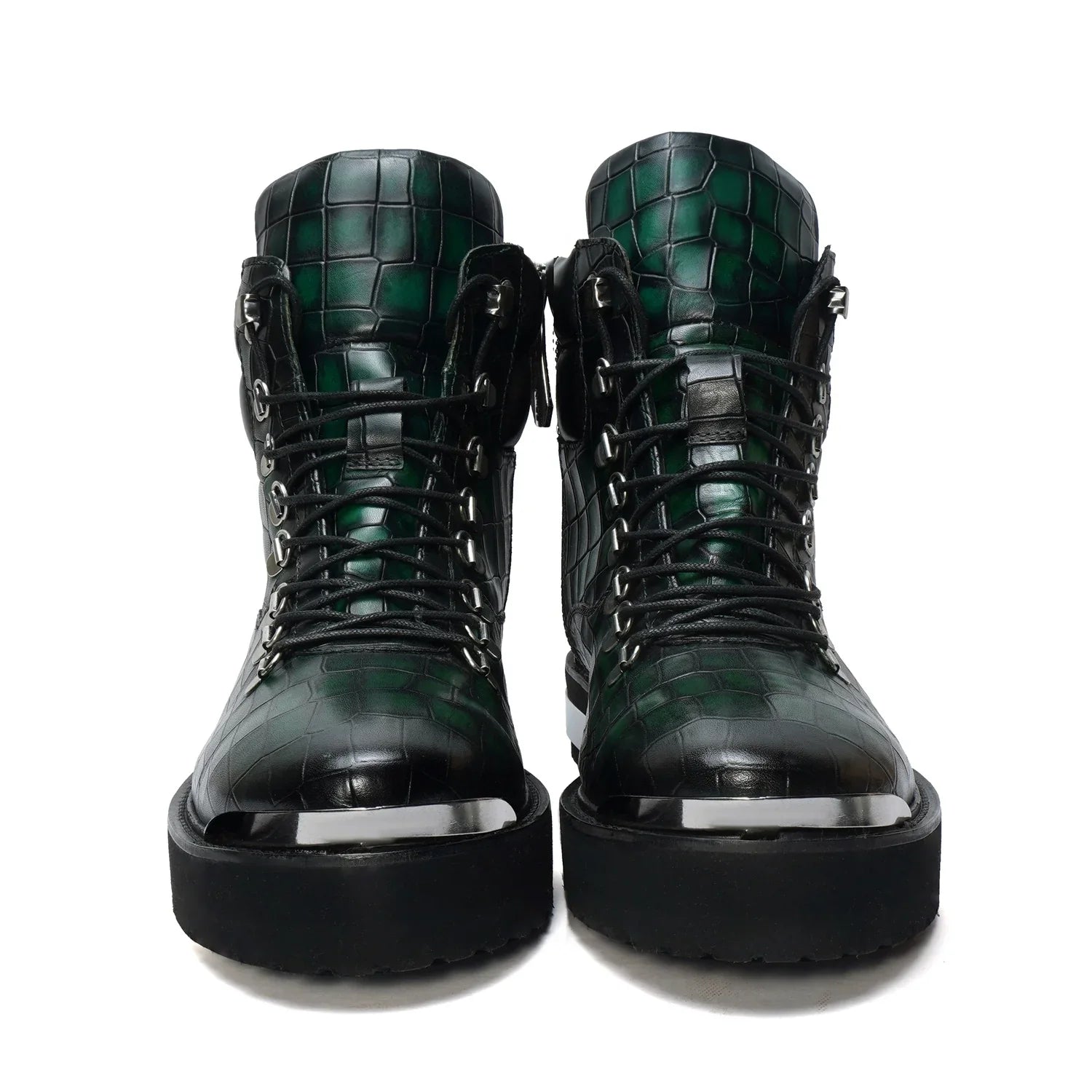 Smokey Finish Biker Chunky Boots in Green Deep Cut Leather