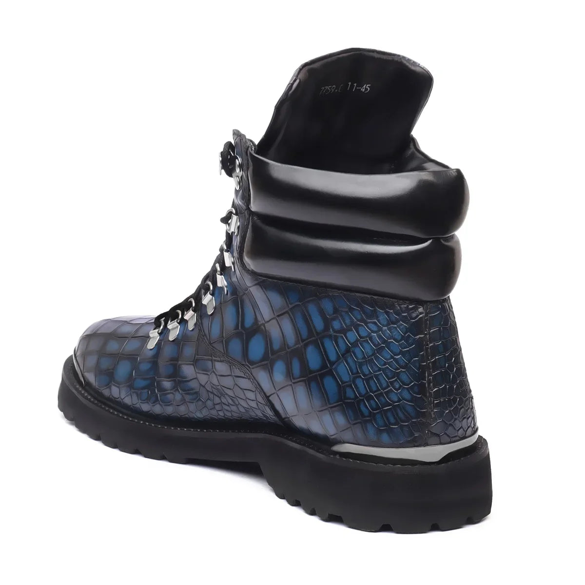 Smokey Blue Biker Chunky Boots with Croco Textured Leather