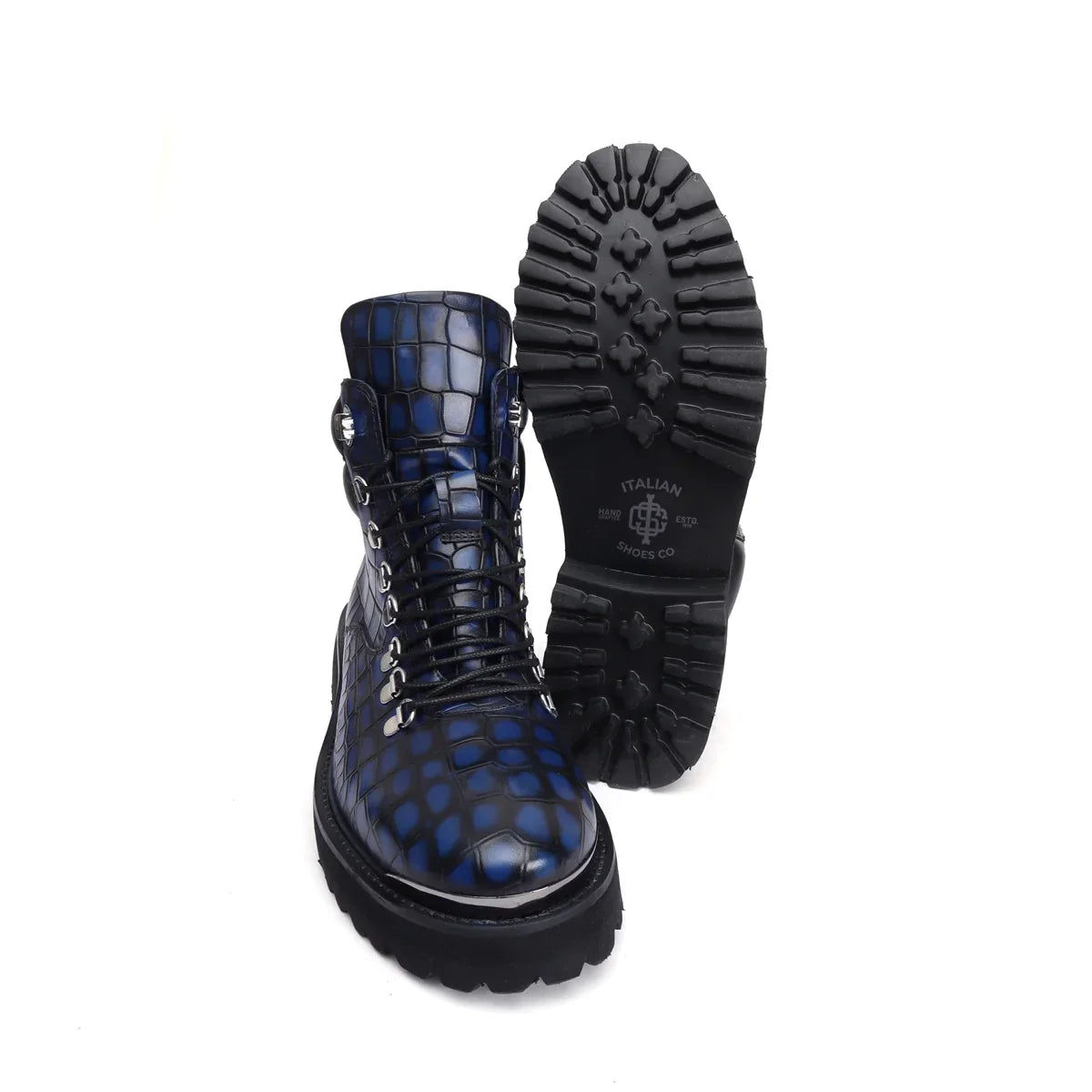 Smokey Blue Biker Chunky Boots with Croco Textured Leather