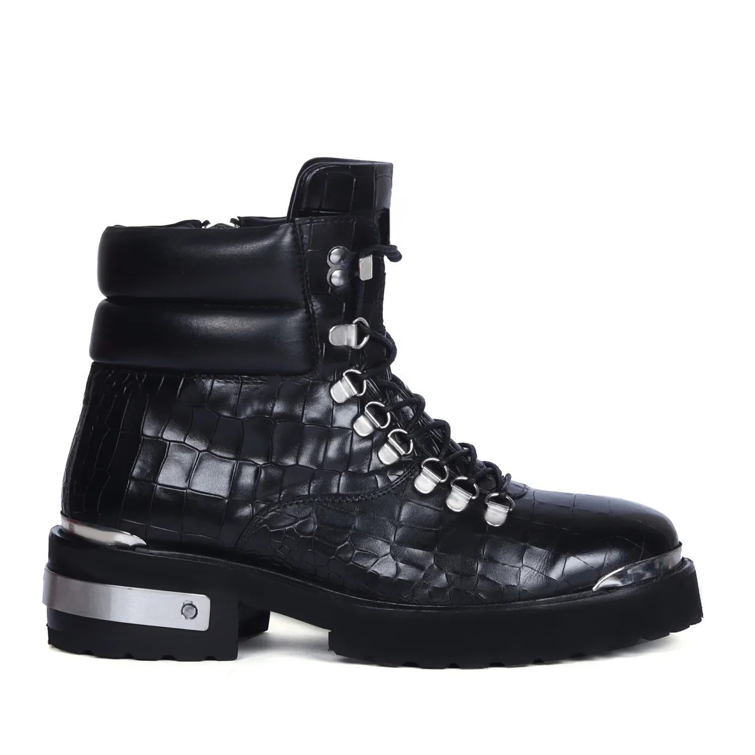 Biker Chunky Boots in Croco Textured Leather with Zip Closure